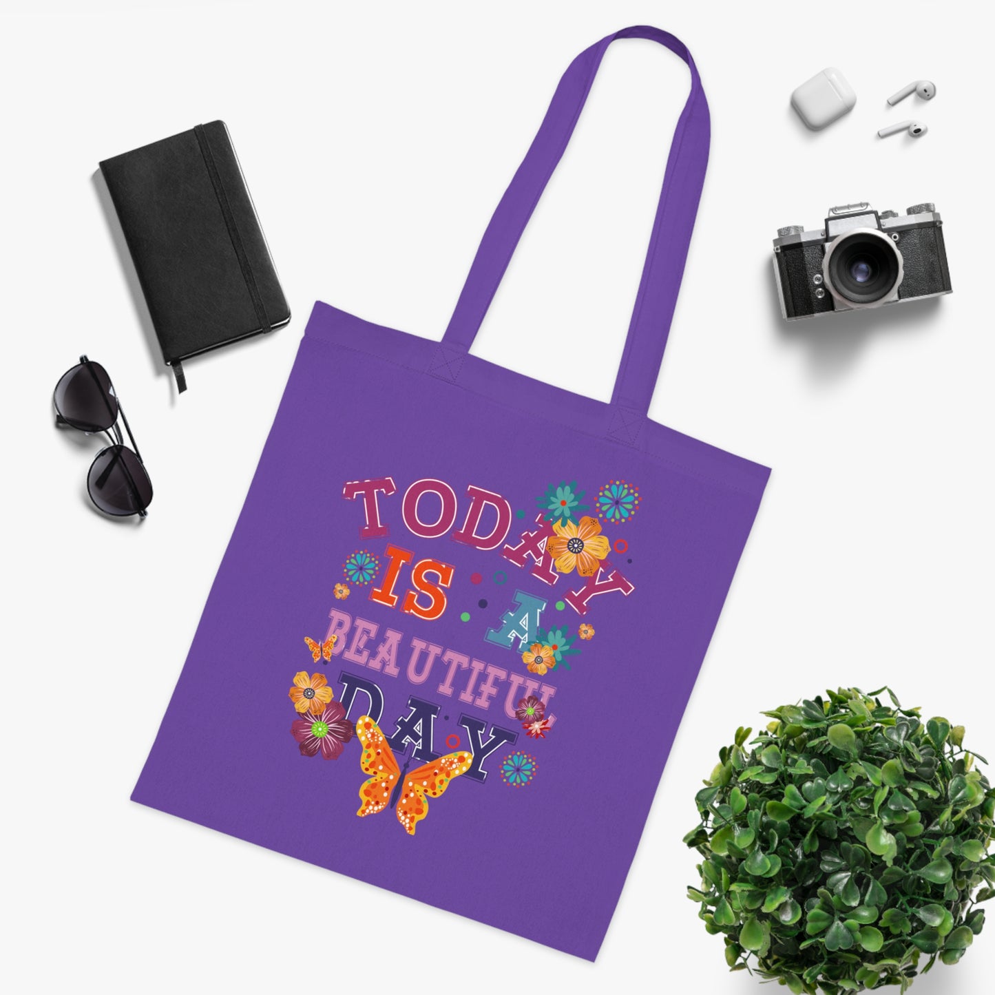 Tote for Everyday Use | Picnic | Travel Today Is a Beautiful Day Cotton Tote | Floral Butterfly Motivational Shopper Bag