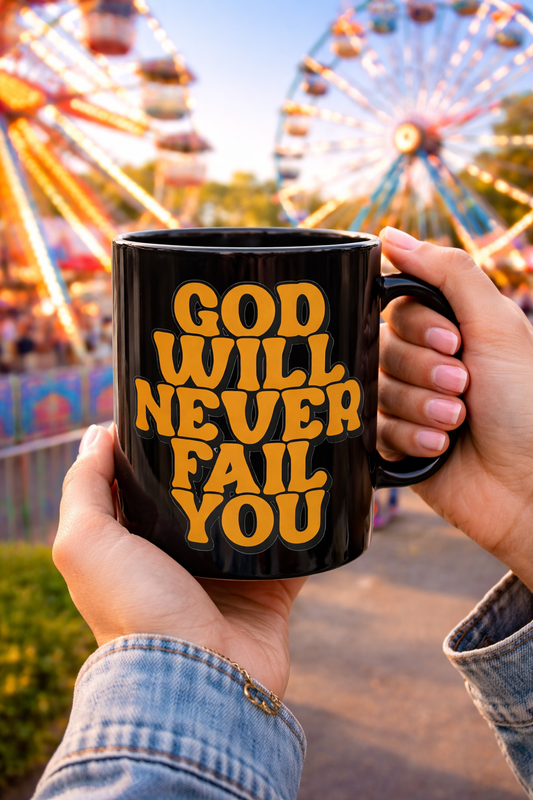 Christian Coffee Mug | God Will Never Fail You Black Ceramic Mug | Inspirational Christian Coffee Cup | Faith Inspirational Gift | Religious Scripture Style Ceramic Cup