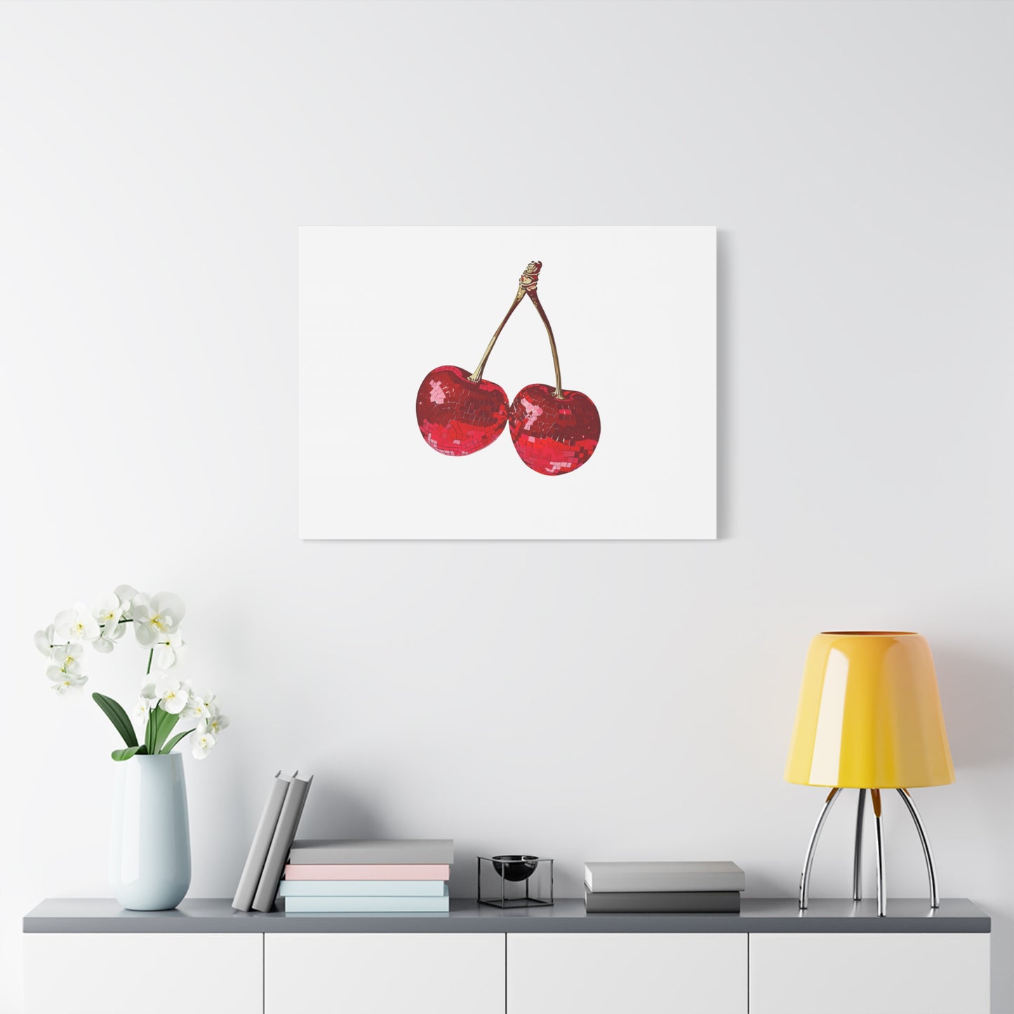 Red Glitter Disco Cherry Wall Art Print | Sparkly Pop Art Fruit Decor | Cherry Duo Matte Canvas Print | Minimal Fruit Wall Art