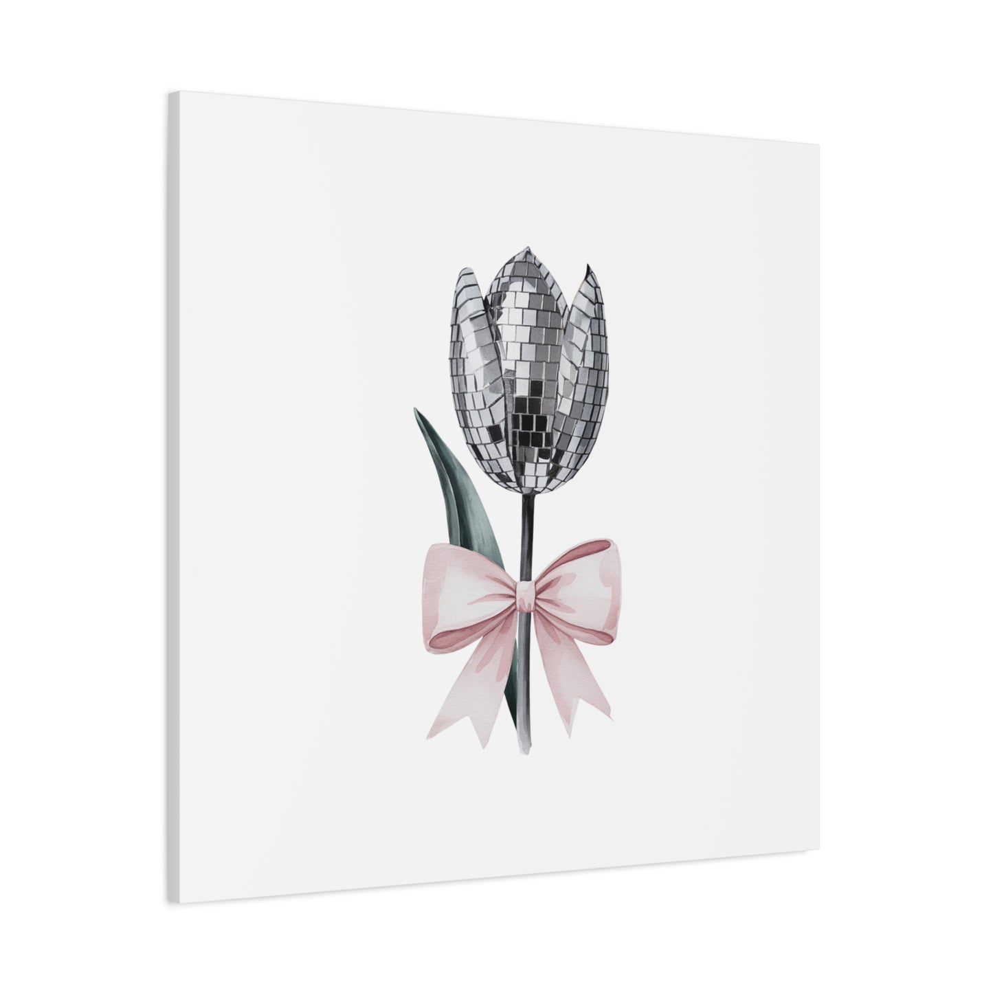 Silver Disco Tulip Wall Art Print with Pink Bow | Glam Floral Decor | Matte Canvas | Stretched |