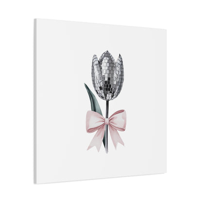Silver Disco Tulip Wall Art Print with Pink Bow | Glam Floral Decor | Matte Canvas | Stretched |