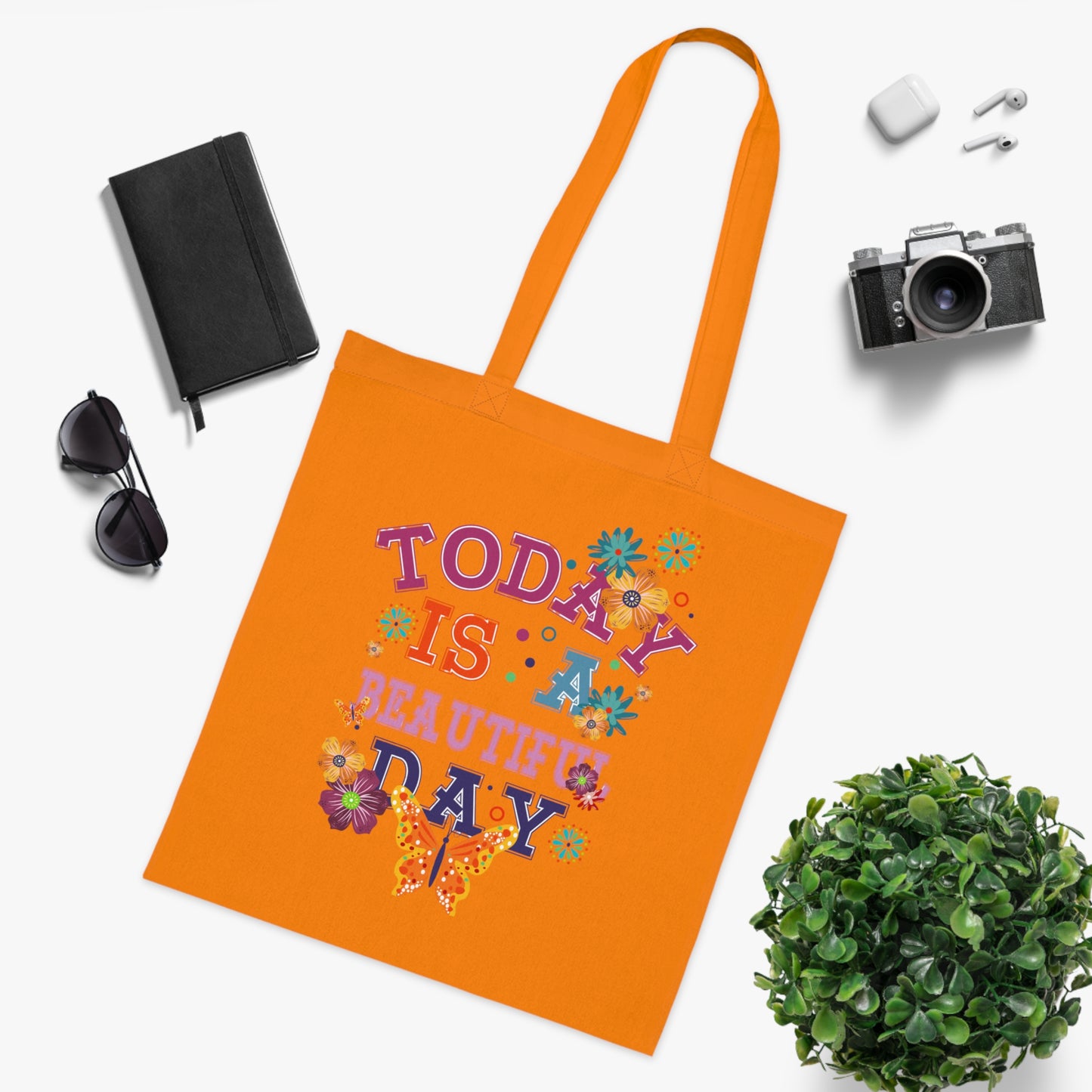 Tote for Everyday Use | Picnic | Travel Today Is a Beautiful Day Cotton Tote | Floral Butterfly Motivational Shopper Bag