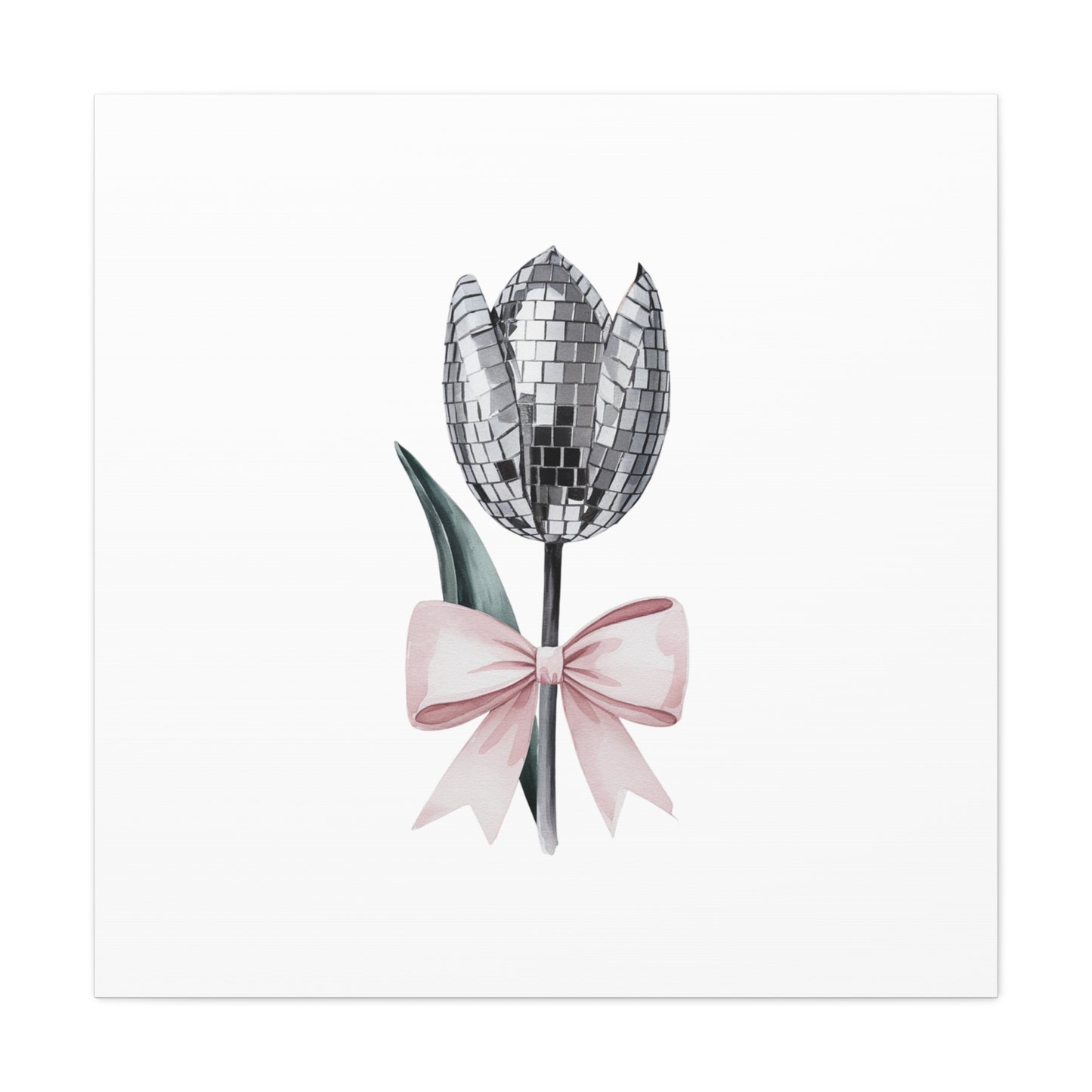 Silver Disco Tulip Wall Art Print with Pink Bow | Glam Floral Decor | Matte Canvas | Stretched |