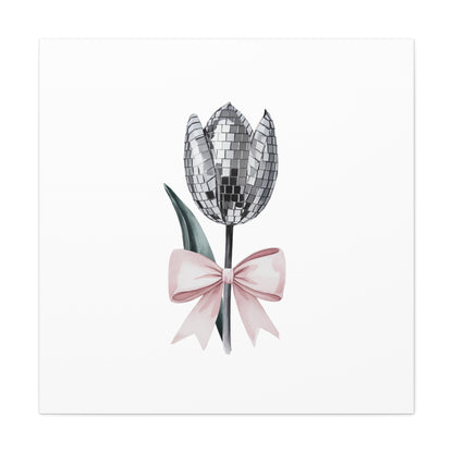 Silver Disco Tulip Wall Art Print with Pink Bow | Glam Floral Decor | Matte Canvas | Stretched |
