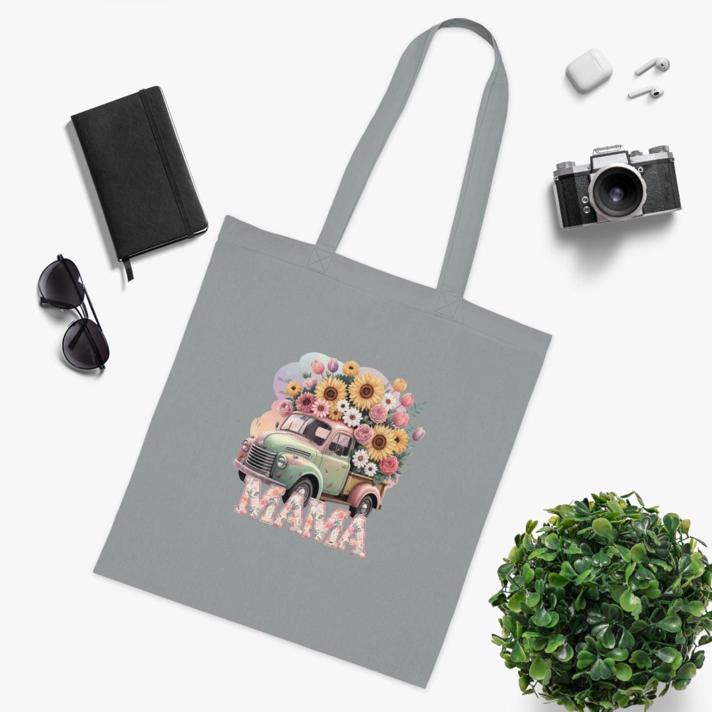 Cotton Tote | Vintage Sunflower Mother’s Day Gift | Mama Floral Truck Tote Bag | Cute Mom Canvas Tote Bag for Everyday Use | Gifts