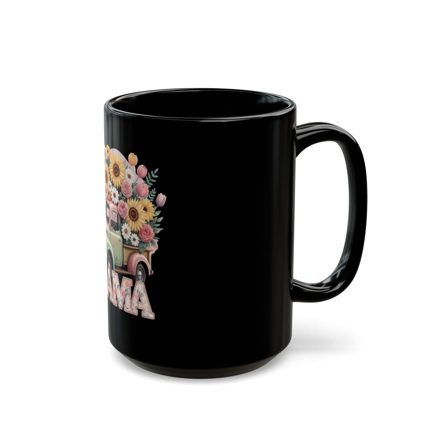 Mother’s Day Ceramic Mug | Mama Floral Truck Mug  | Vintage Flower Coffee Cup for Mom | Cute Mama Gift Mug | Black Mug  | 11oz | 15oz