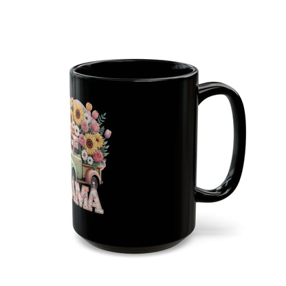 Mother’s Day Ceramic Mug | Mama Floral Truck Mug  | Vintage Flower Coffee Cup for Mom | Cute Mama Gift Mug | Black Mug  | 11oz | 15oz