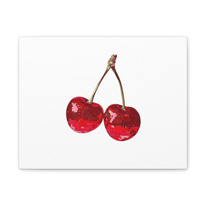 Red Glitter Disco Cherry Wall Art Print | Sparkly Pop Art Fruit Decor | Cherry Duo Matte Canvas Print | Minimal Fruit Wall Art