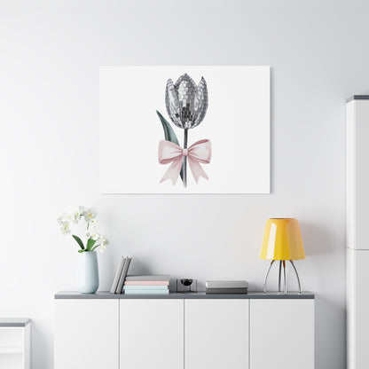 Silver Disco Tulip Wall Art Print with Pink Bow | Glam Floral Decor | Matte Canvas | Stretched |