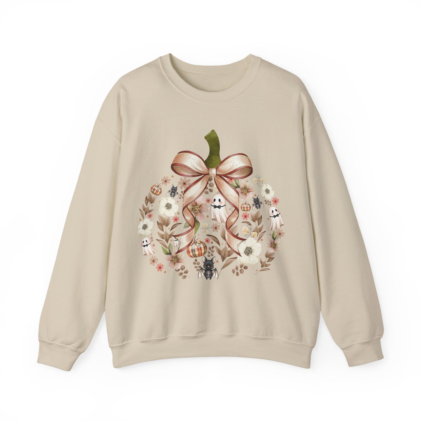 Cute Ghost Pumpkin Sweatshirt | Floral Halloween Crewneck | Spooky Pumpkin Bow Sweater | Fall Ghost Sweatshirt | Cozy Halloween Gift for Women | Crewneck Sweatshirt | Floral Pumpkin Wreath with Ribbon...