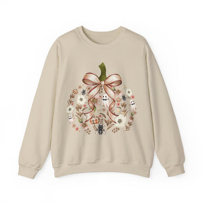 Cute Ghost Pumpkin Sweatshirt | Floral Halloween Crewneck | Spooky Pumpkin Bow Sweater | Fall Ghost Sweatshirt | Cozy Halloween Gift for Women | Crewneck Sweatshirt | Floral Pumpkin Wreath with Ribbon...