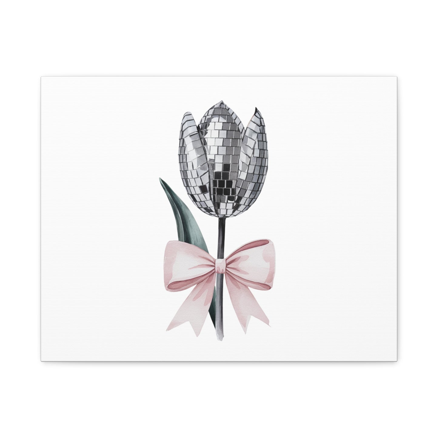 Silver Disco Tulip Wall Art Print with Pink Bow | Glam Floral Decor | Matte Canvas | Stretched |