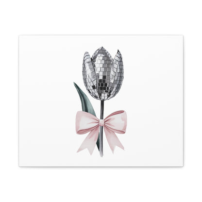 Silver Disco Tulip Wall Art Print with Pink Bow | Glam Floral Decor | Matte Canvas | Stretched |