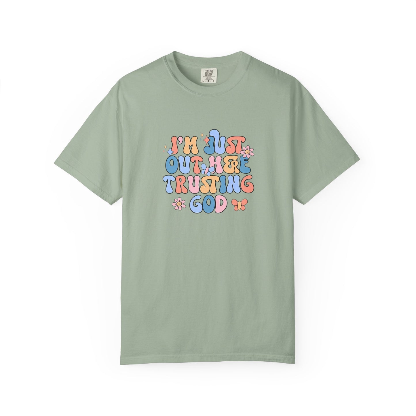 Trusting God Graphic T-Shirt | Retro Floral | I'm Just Out Here Trusting God | Christian Tee | Trusting God T-Shirt | Retro Christian Faith Graphic Tee