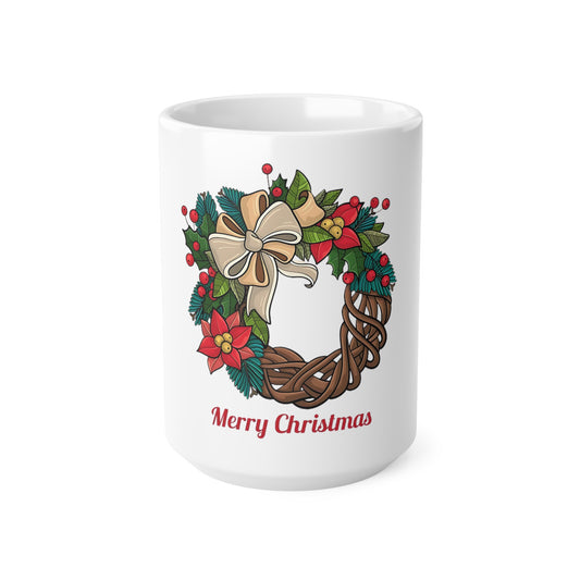 Merry Christmas Wreath Mug | Festive Holiday Coffee Cup | Christmas Decor Mug | Winter Tea Mug | Christmas Gift for Her, Holiday Drinkware| Festive Drinkware | Ceramic Coffee Cups | 11oz | 15oz