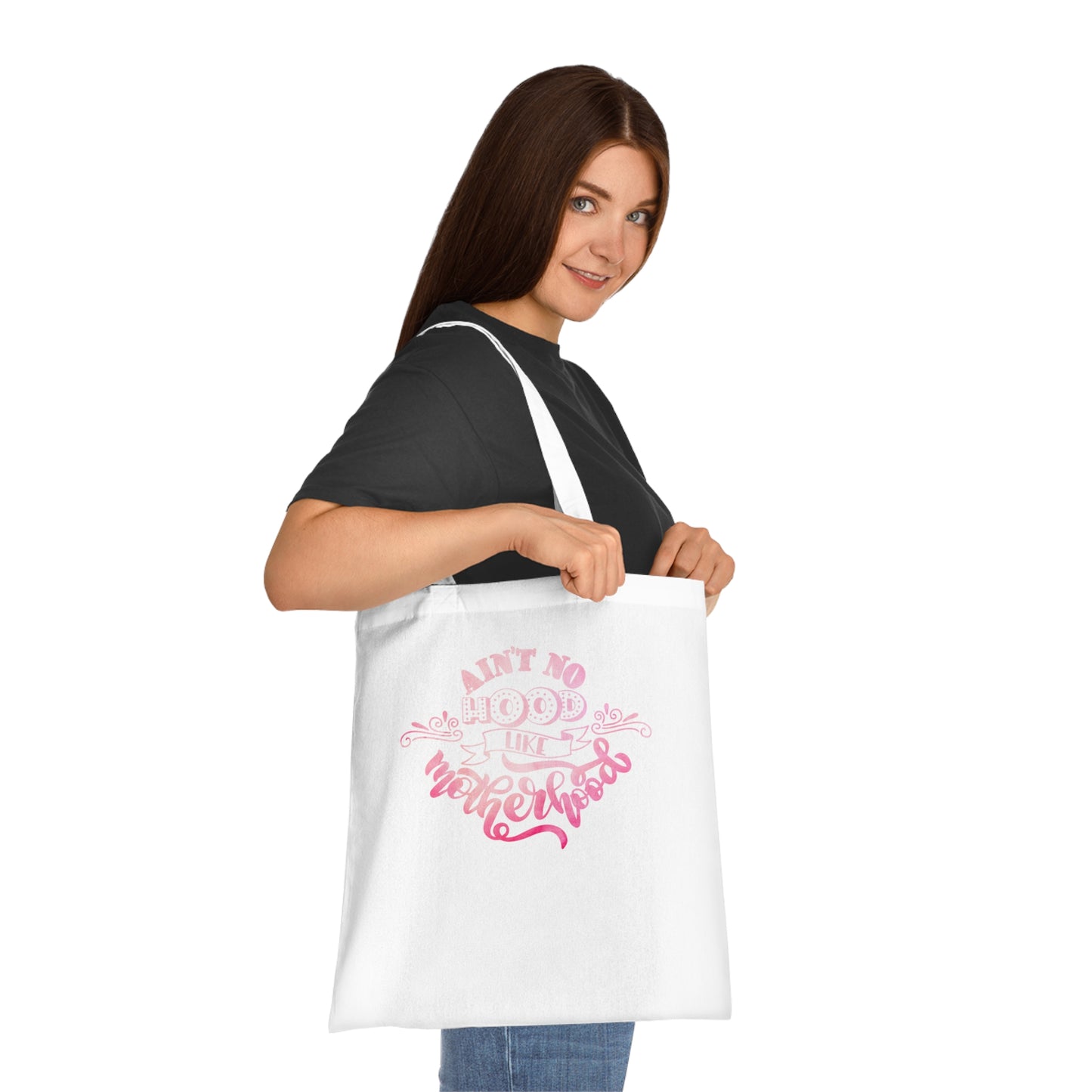 Stylish Canvas Tote for Moms | Everyday Carry & Gift Idea | Ain't No Hood Like Motherhood Cotton Tote | Pink Mom Tote Bag