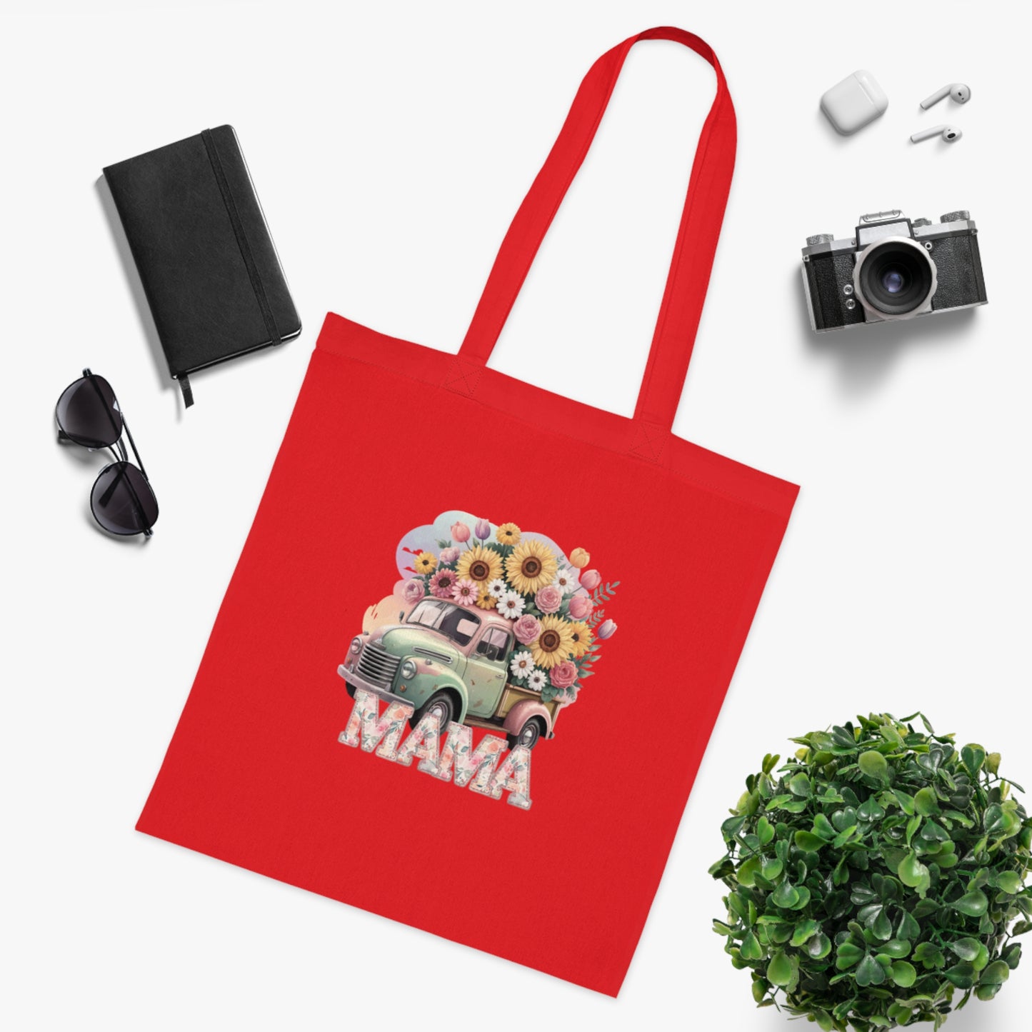 Cotton Tote | Vintage Sunflower Mother’s Day Gift | Mama Floral Truck Tote Bag | Cute Mom Canvas Tote Bag for Everyday Use | Gifts