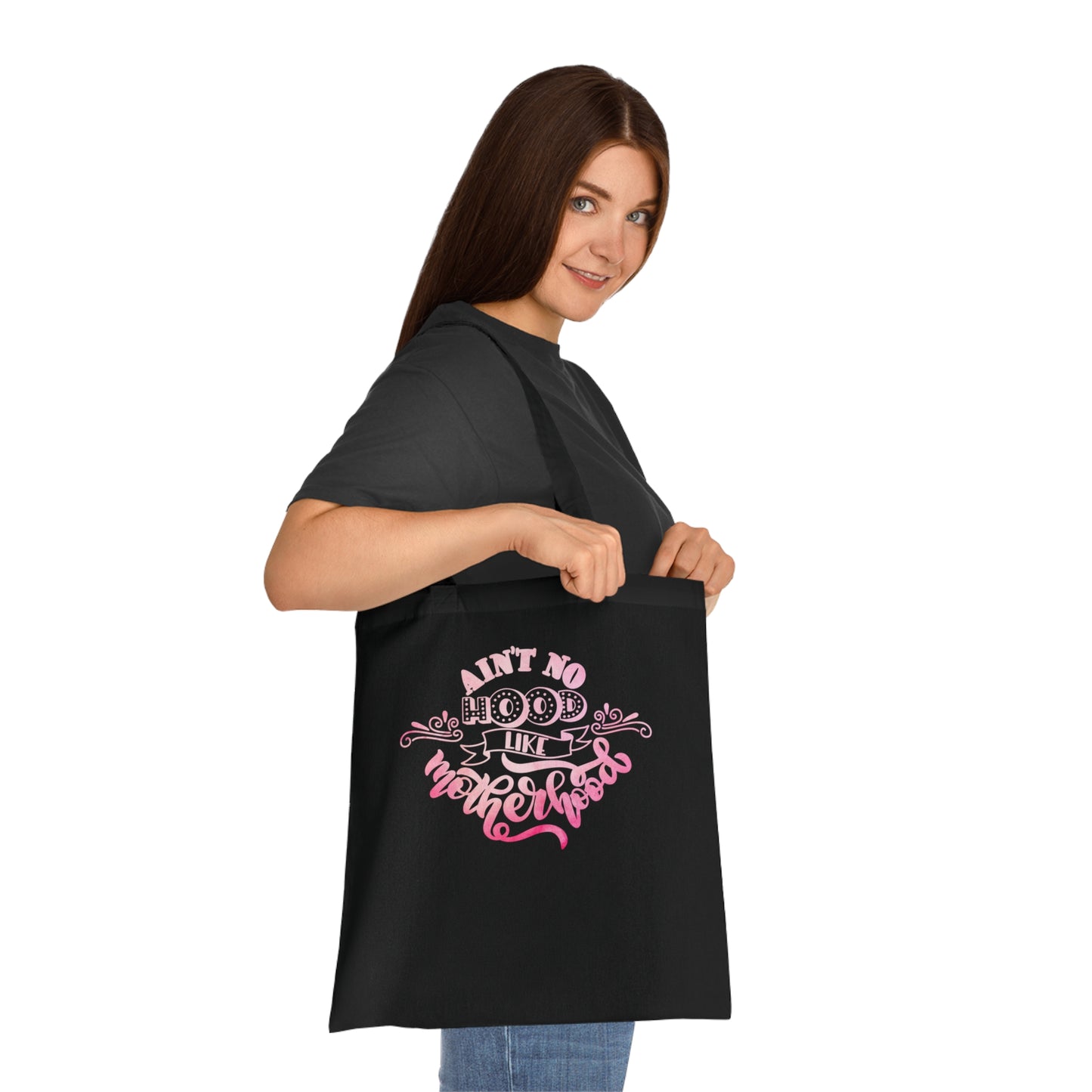 Stylish Canvas Tote for Moms | Everyday Carry & Gift Idea | Ain't No Hood Like Motherhood Cotton Tote | Pink Mom Tote Bag