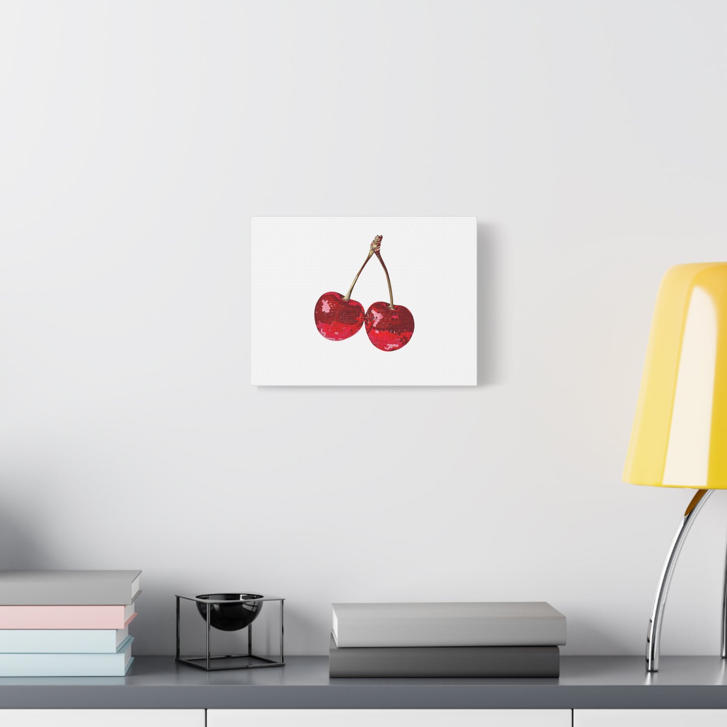 Red Glitter Disco Cherry Wall Art Print | Sparkly Pop Art Fruit Decor | Cherry Duo Matte Canvas Print | Minimal Fruit Wall Art