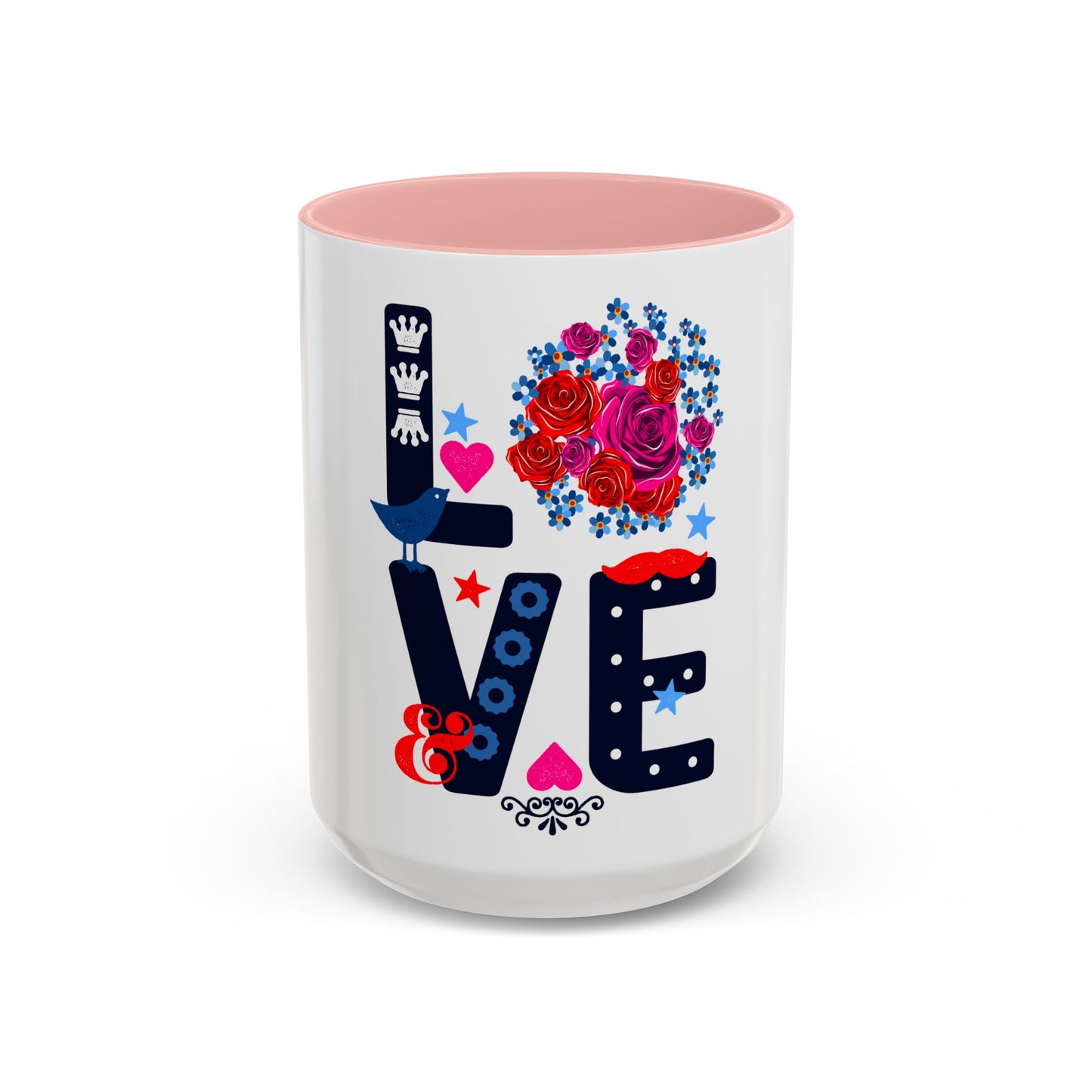 LOVE Floral Mug | Cute Aesthetic Coffee Cup with Heart | Rose Design | Gift for Her, Girlfriend, Wife | Stylish Ceramic Mug Accent Coffee Mug (11oz, 15oz)