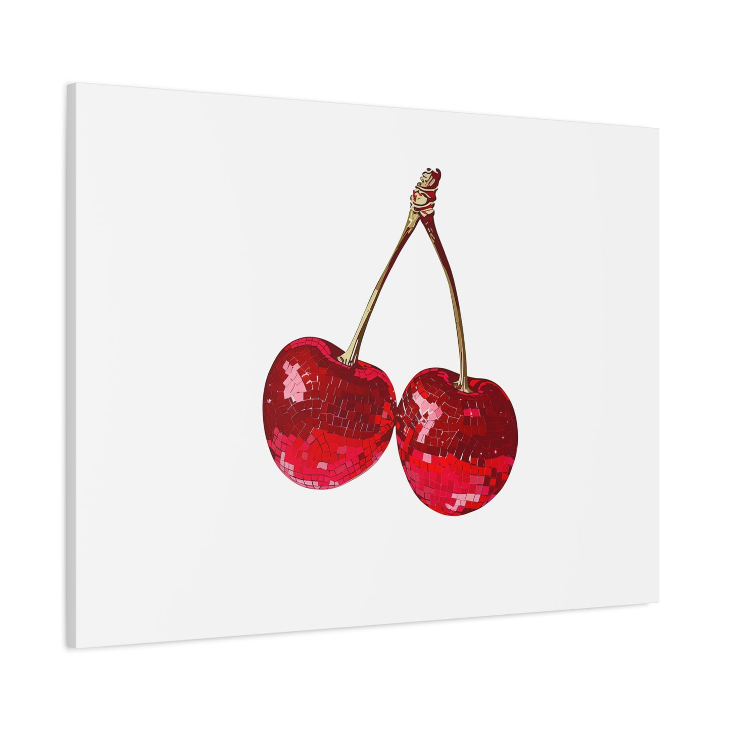 Red Glitter Disco Cherry Wall Art Print | Sparkly Pop Art Fruit Decor | Cherry Duo Matte Canvas Print | Minimal Fruit Wall Art