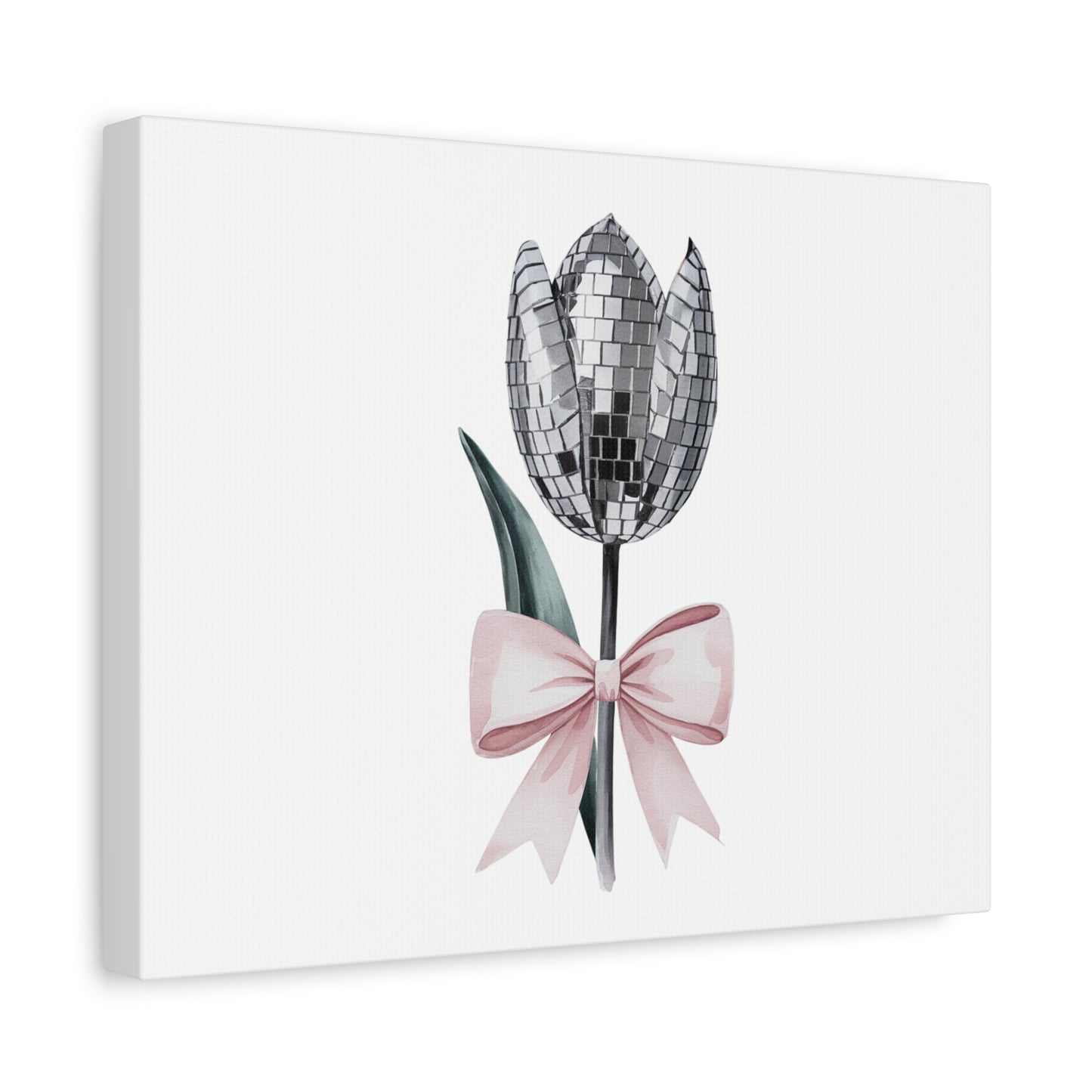 Silver Disco Tulip Wall Art Print with Pink Bow | Glam Floral Decor | Matte Canvas | Stretched |
