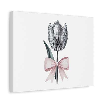 Silver Disco Tulip Wall Art Print with Pink Bow | Glam Floral Decor | Matte Canvas | Stretched |