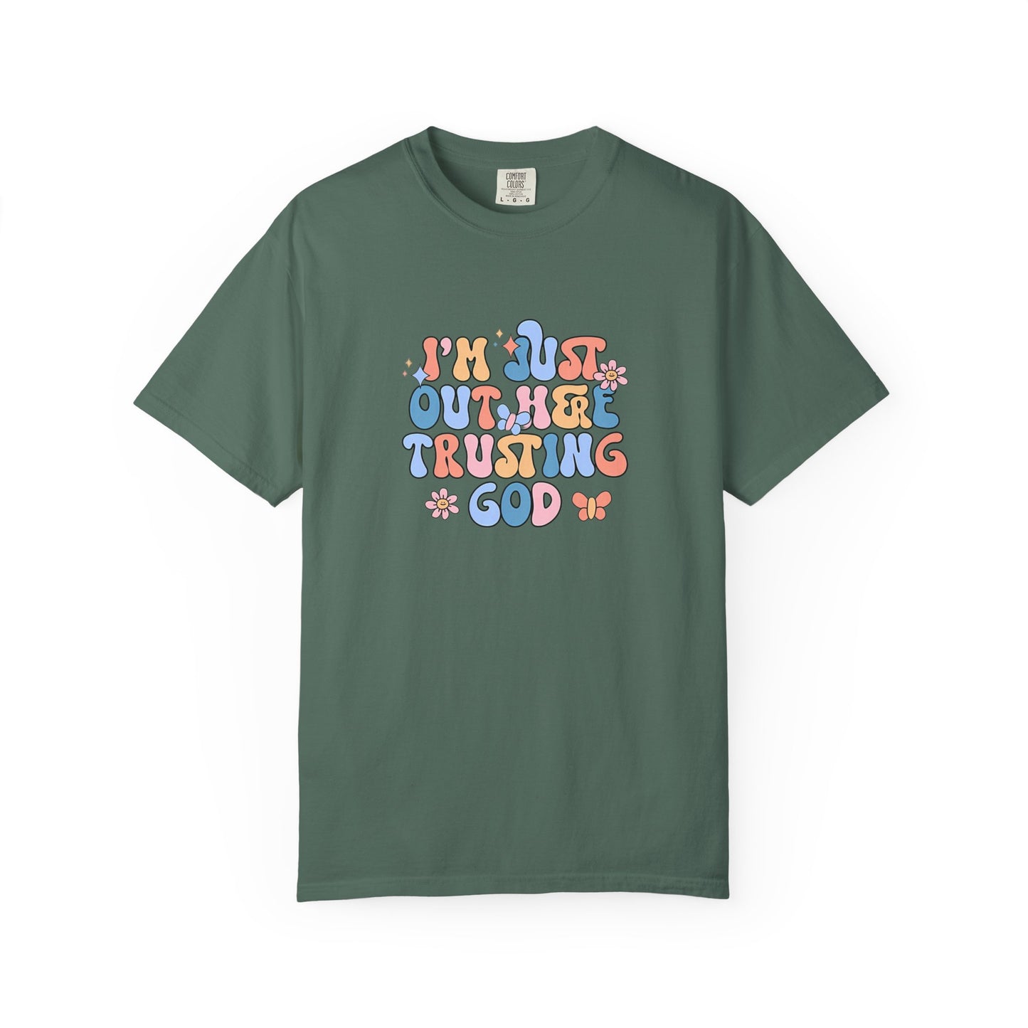 Trusting God Graphic T-Shirt | Retro Floral | I'm Just Out Here Trusting God | Christian Tee | Trusting God T-Shirt | Retro Christian Faith Graphic Tee