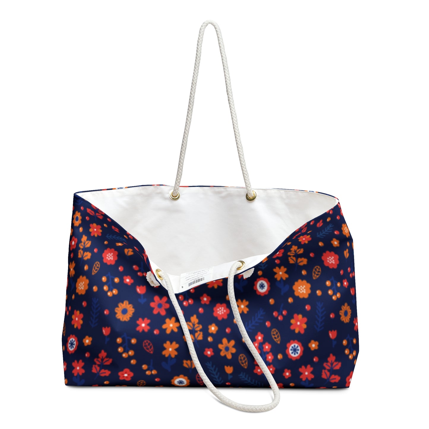 Navy Floral Weekender Bag | Retro Orange & Red Flower Travel Tote | Colorful Boho Carry-On Tote for Stylish Getaways
