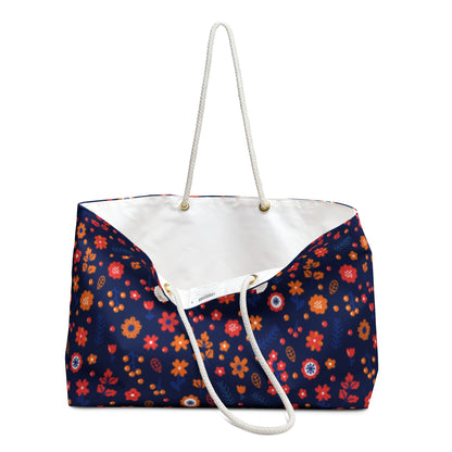 Navy Floral Weekender Bag | Retro Orange & Red Flower Travel Tote | Colorful Boho Carry-On Tote for Stylish Getaways