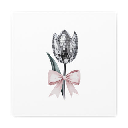 Silver Disco Tulip Wall Art Print with Pink Bow | Glam Floral Decor | Matte Canvas | Stretched |