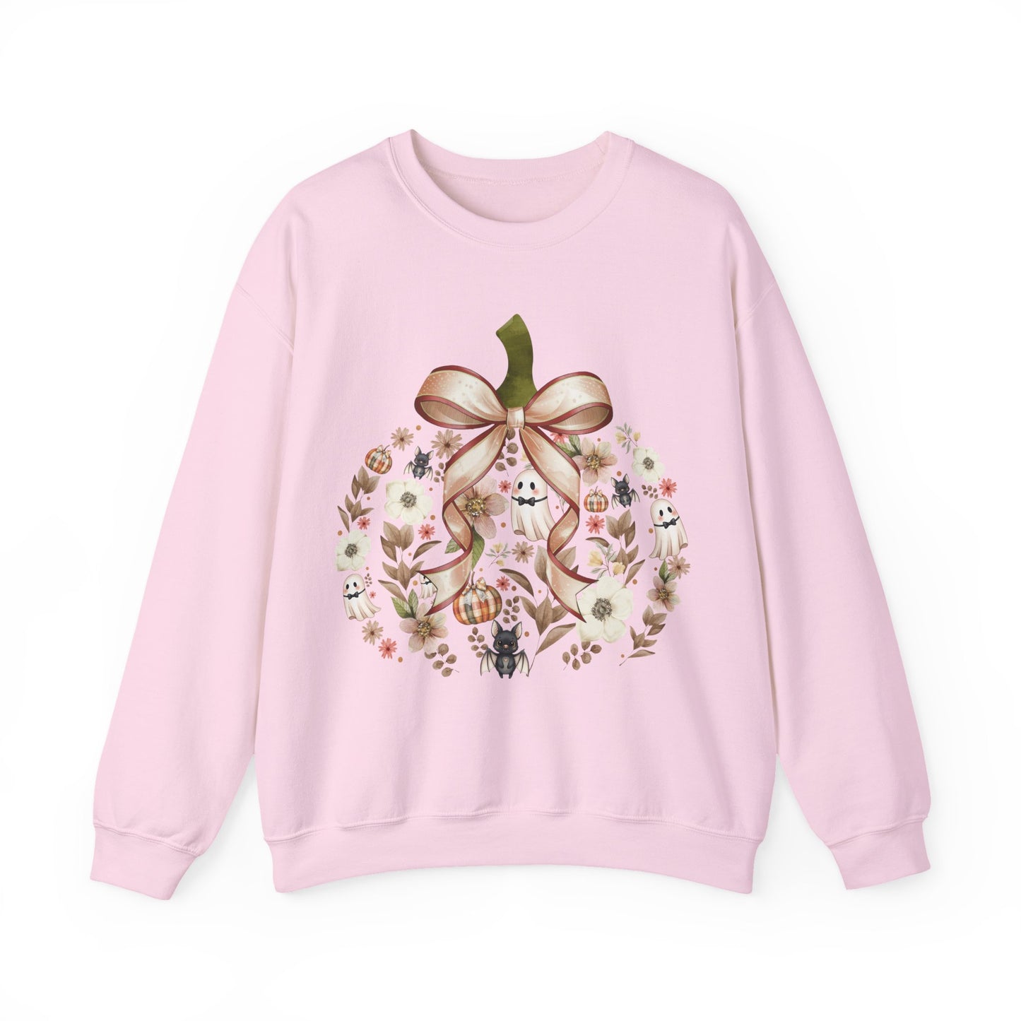 Cute Ghost Pumpkin Sweatshirt | Floral Halloween Crewneck | Spooky Pumpkin Bow Sweater | Fall Ghost Sweatshirt | Cozy Halloween Gift for Women | Crewneck Sweatshirt | Floral Pumpkin Wreath with Ribbon...
