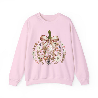 Cute Ghost Pumpkin Sweatshirt | Floral Halloween Crewneck | Spooky Pumpkin Bow Sweater | Fall Ghost Sweatshirt | Cozy Halloween Gift for Women | Crewneck Sweatshirt | Floral Pumpkin Wreath with Ribbon...