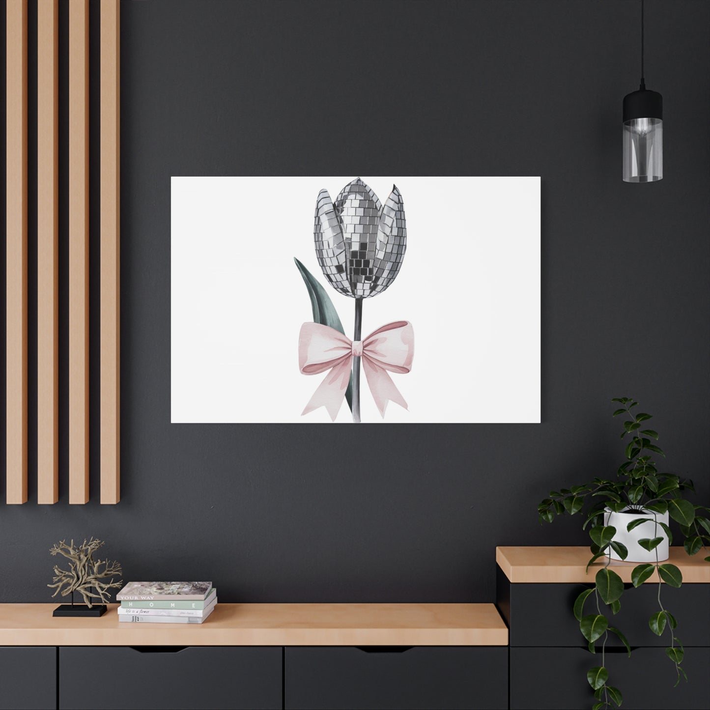 Silver Disco Tulip Wall Art Print with Pink Bow | Glam Floral Decor | Matte Canvas | Stretched |