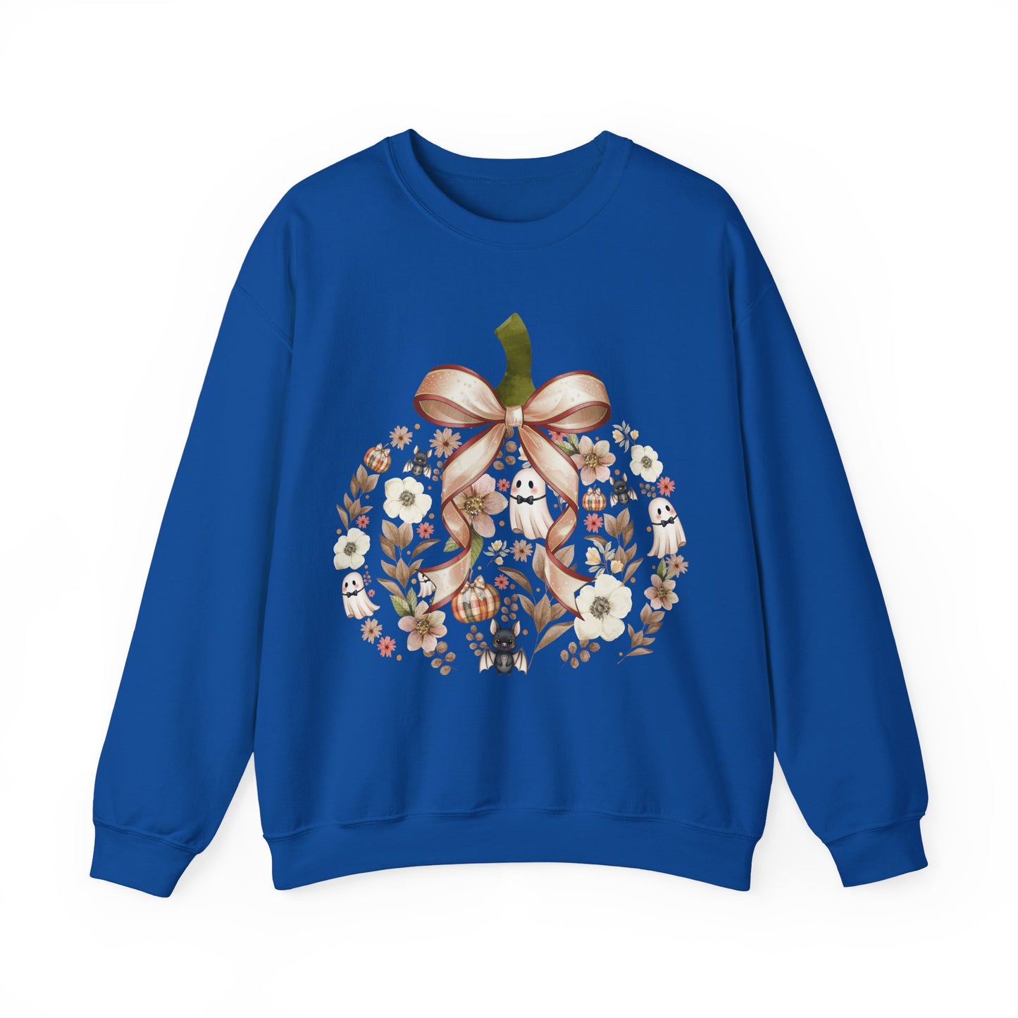 Cute Ghost Pumpkin Sweatshirt | Floral Halloween Crewneck | Spooky Pumpkin Bow Sweater | Fall Ghost Sweatshirt | Cozy Halloween Gift for Women | Crewneck Sweatshirt | Floral Pumpkin Wreath with Ribbon...