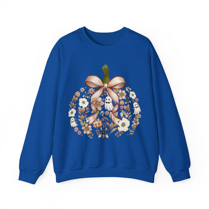 Cute Ghost Pumpkin Sweatshirt | Floral Halloween Crewneck | Spooky Pumpkin Bow Sweater | Fall Ghost Sweatshirt | Cozy Halloween Gift for Women | Crewneck Sweatshirt | Floral Pumpkin Wreath with Ribbon...