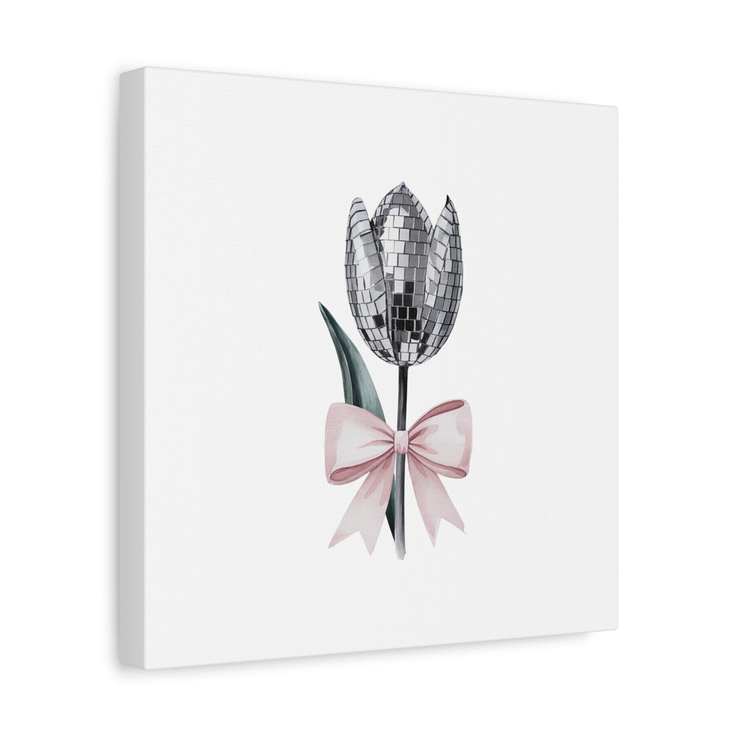 Silver Disco Tulip Wall Art Print with Pink Bow | Glam Floral Decor | Matte Canvas | Stretched |