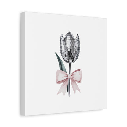 Silver Disco Tulip Wall Art Print with Pink Bow | Glam Floral Decor | Matte Canvas | Stretched |