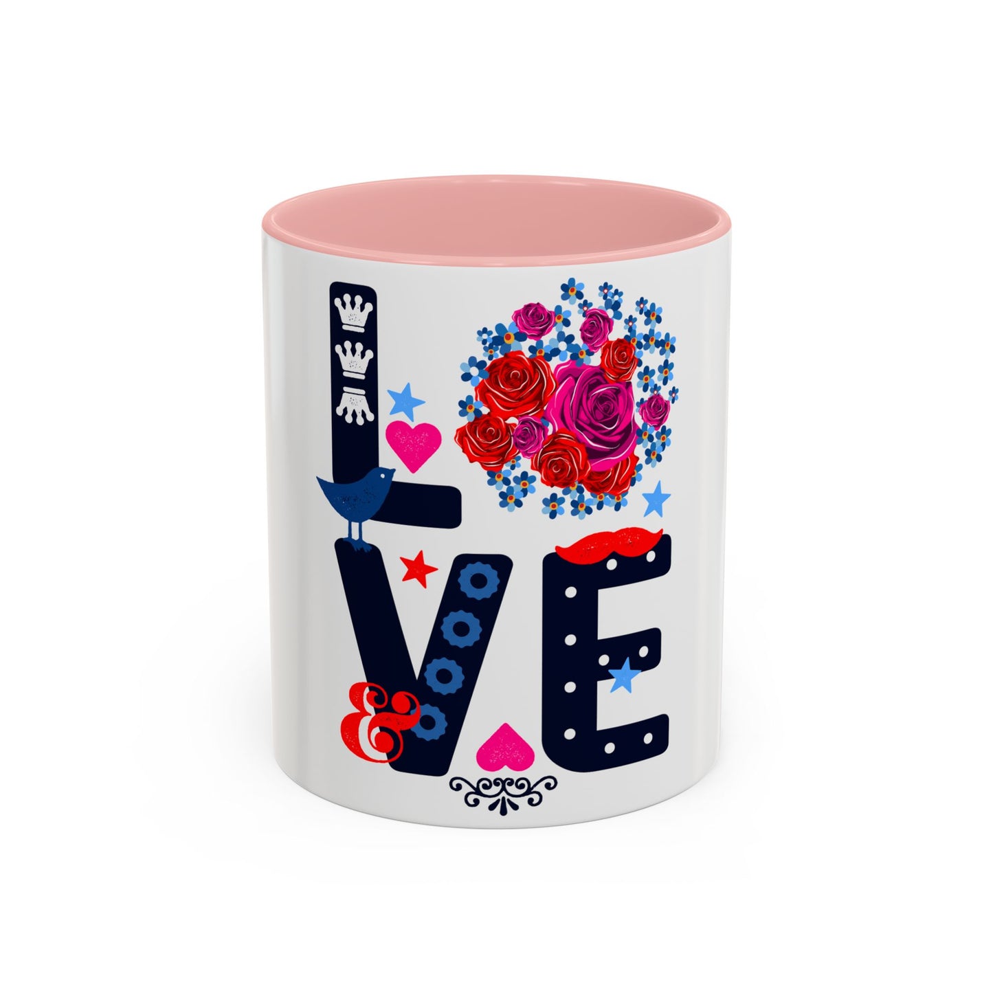 LOVE Floral Mug | Cute Aesthetic Coffee Cup with Heart | Rose Design | Gift for Her, Girlfriend, Wife | Stylish Ceramic Mug Accent Coffee Mug (11oz, 15oz)