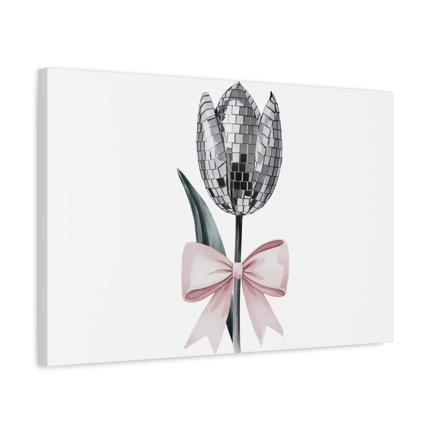 Silver Disco Tulip Wall Art Print with Pink Bow | Glam Floral Decor | Matte Canvas | Stretched |