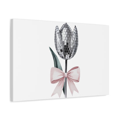 Silver Disco Tulip Wall Art Print with Pink Bow | Glam Floral Decor | Matte Canvas | Stretched |