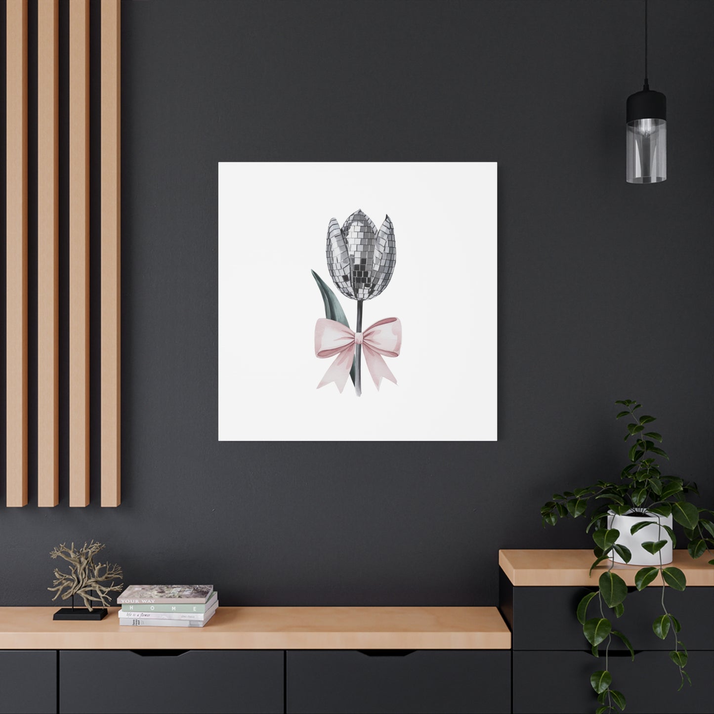 Silver Disco Tulip Wall Art Print with Pink Bow | Glam Floral Decor | Matte Canvas | Stretched |