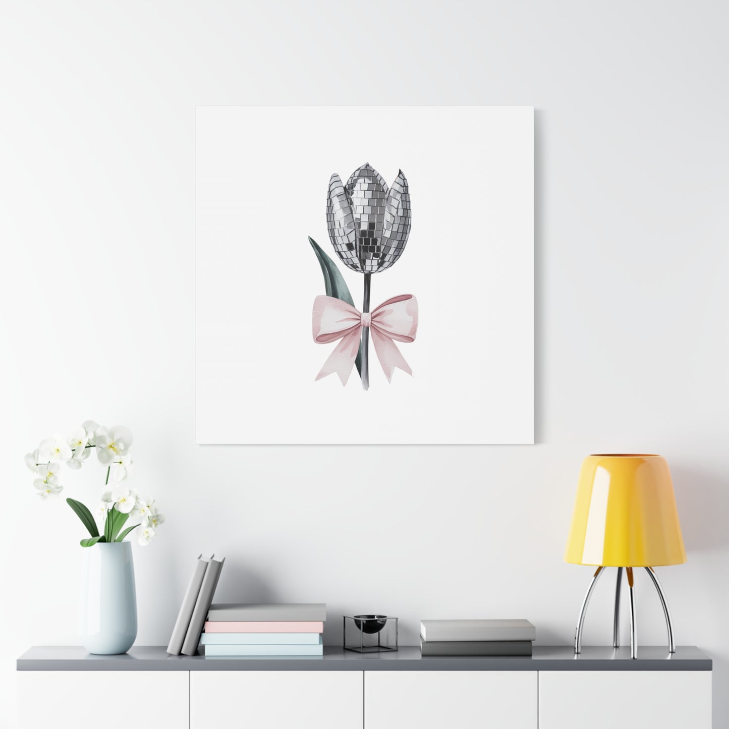 Silver Disco Tulip Wall Art Print with Pink Bow | Glam Floral Decor | Matte Canvas | Stretched |