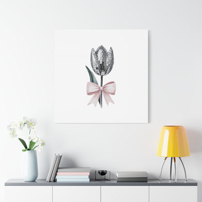 Silver Disco Tulip Wall Art Print with Pink Bow | Glam Floral Decor | Matte Canvas | Stretched |