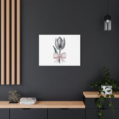 Silver Disco Tulip Wall Art Print with Pink Bow | Glam Floral Decor | Matte Canvas | Stretched |