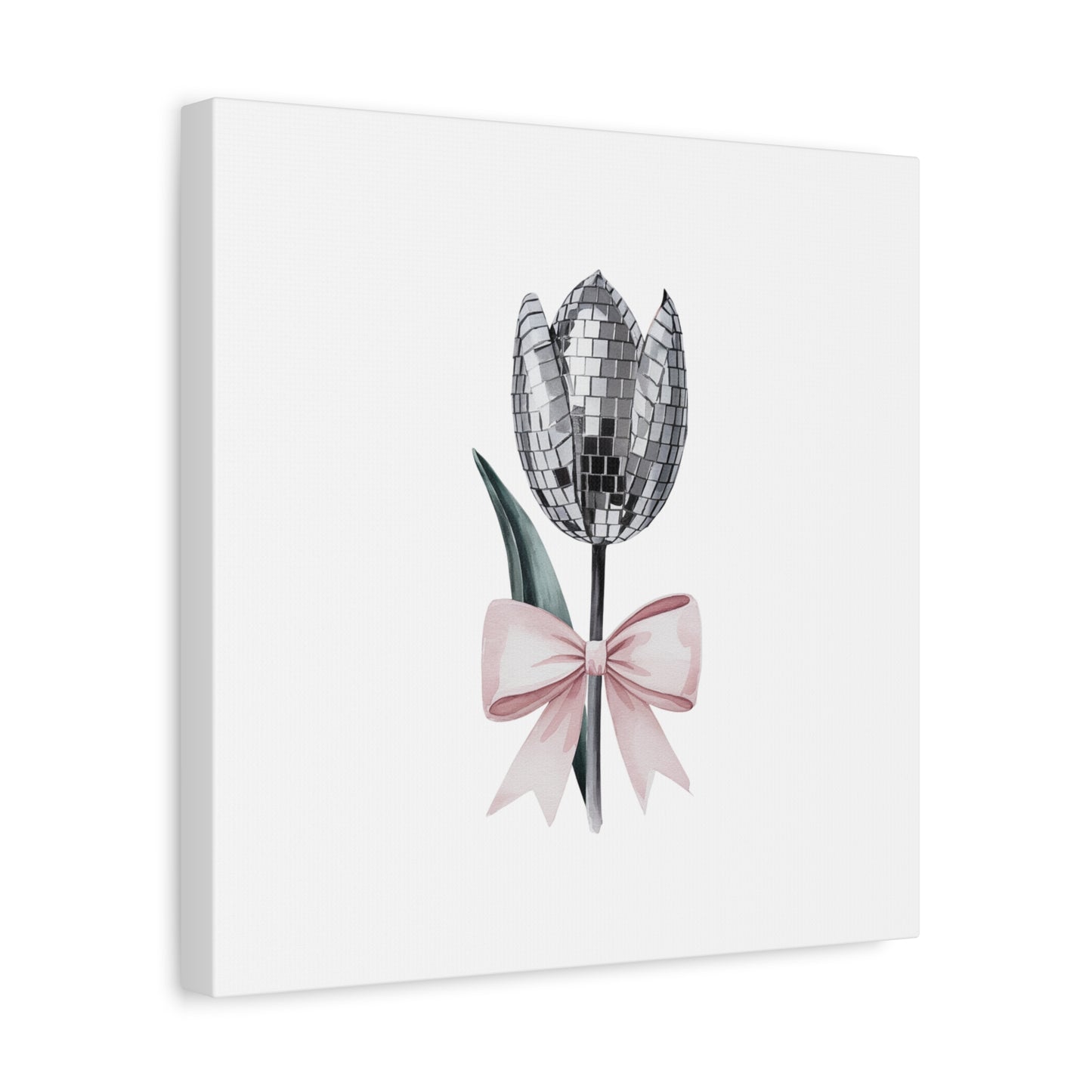 Silver Disco Tulip Wall Art Print with Pink Bow | Glam Floral Decor | Matte Canvas | Stretched |