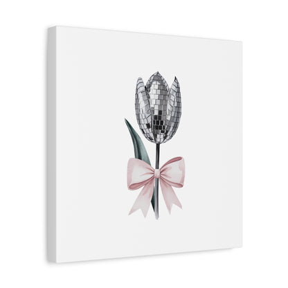 Silver Disco Tulip Wall Art Print with Pink Bow | Glam Floral Decor | Matte Canvas | Stretched |