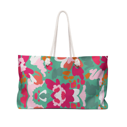 Floral Ikat Weekender Bag | Pink & Teal Patterned Travel Tote | Colorful Boho Carry-On Tote for Stylish Getaways