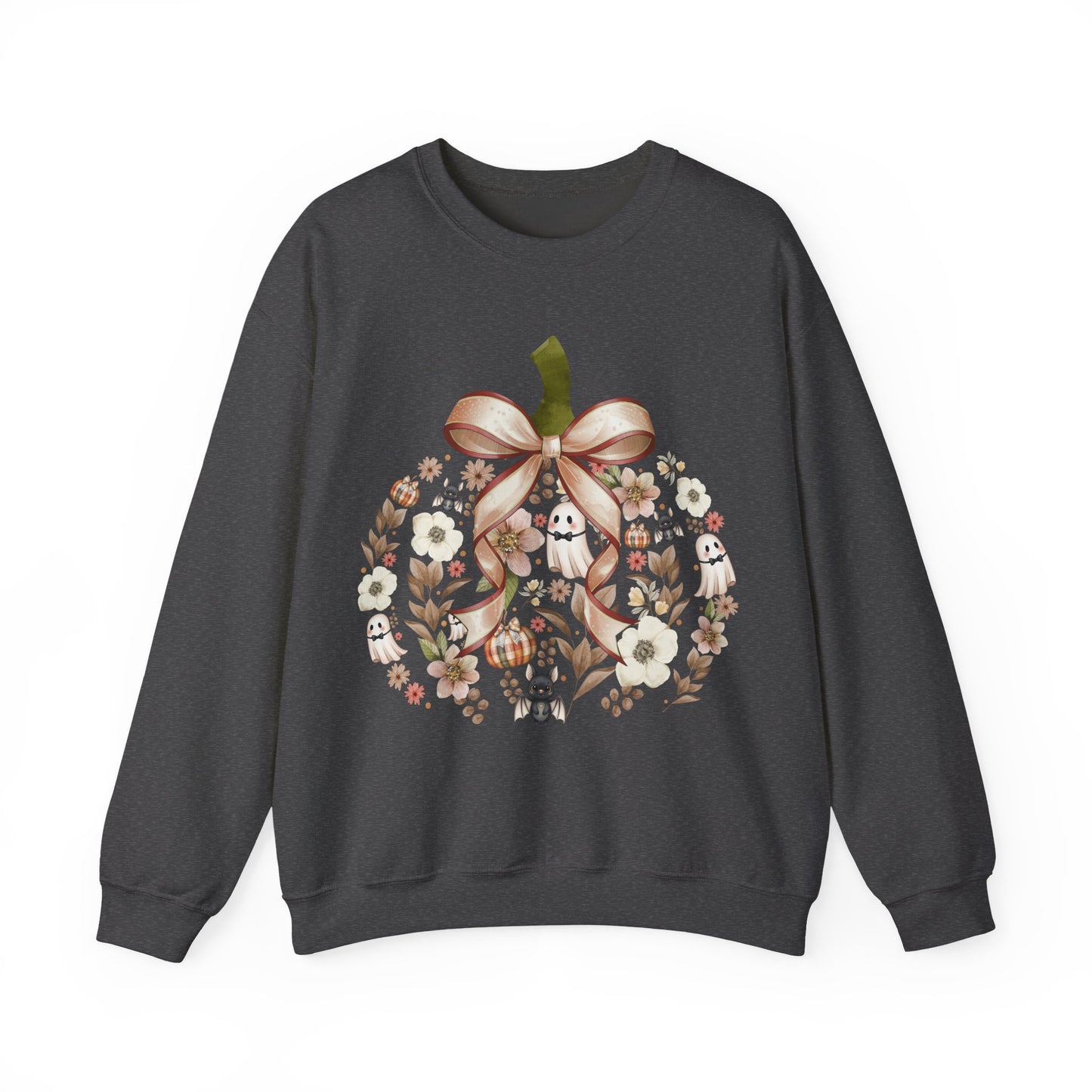 Cute Ghost Pumpkin Sweatshirt | Floral Halloween Crewneck | Spooky Pumpkin Bow Sweater | Fall Ghost Sweatshirt | Cozy Halloween Gift for Women | Crewneck Sweatshirt | Floral Pumpkin Wreath with Ribbon...