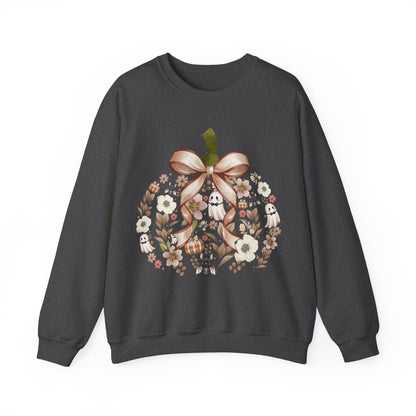 Cute Ghost Pumpkin Sweatshirt | Floral Halloween Crewneck | Spooky Pumpkin Bow Sweater | Fall Ghost Sweatshirt | Cozy Halloween Gift for Women | Crewneck Sweatshirt | Floral Pumpkin Wreath with Ribbon...